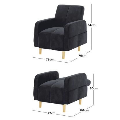 Anica 6 Seater Velvet Fabric Sofa Bed Set in Black features a small upholstered armchair, converts to a lounger/bed with light-wood legs, and precise dimensions overlay for versatile use.