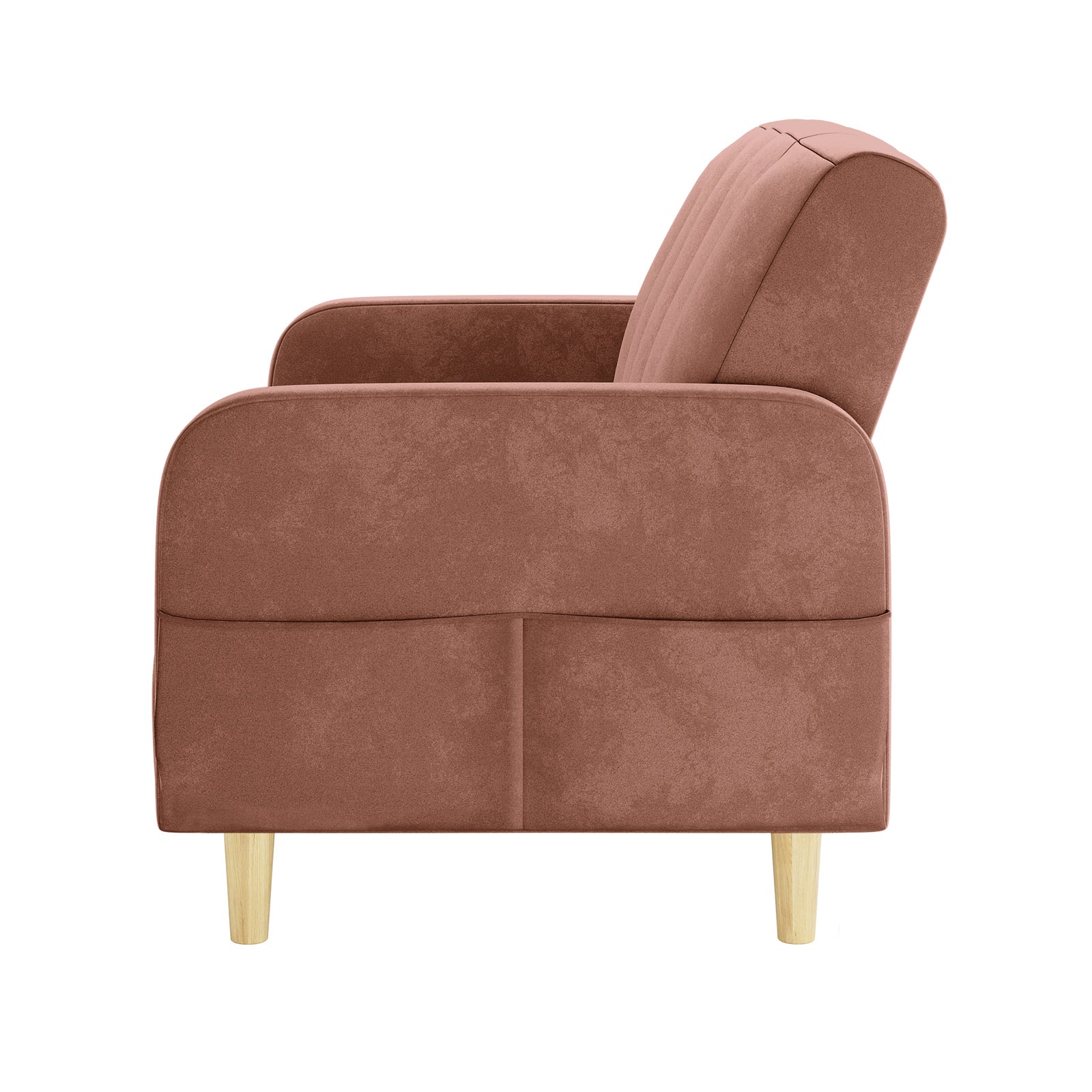 Side view of the Anica 6 Seater Velvet Fabric Sofa Bed Set in Blush, featuring a single-seat armchair with rounded arms, dusty rose upholstery, and short, tapered wooden legs.