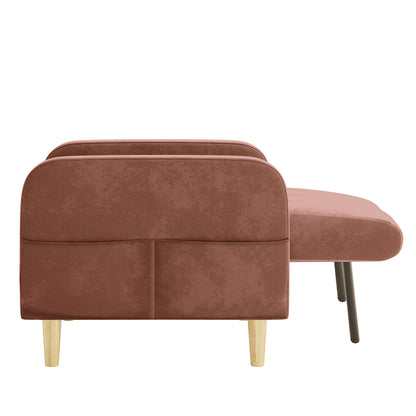 Anica 6 Seater Velvet Fabric Sofa Bed Set in Blush features a small, upholstered design with wooden legs, a chaise extension, and low, rounded backrests, embodying a daybed-style aesthetic.