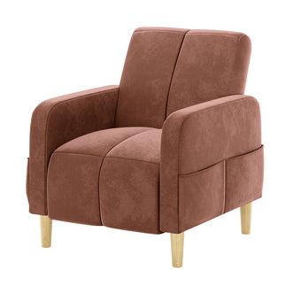 Anica Single Seater Velvet Fabric Sofa Chair in Blush, featuring a boxy modern profile with rounded armrests, vertically stitched cushions, short tapered wooden legs, and an exterior storage pocket.