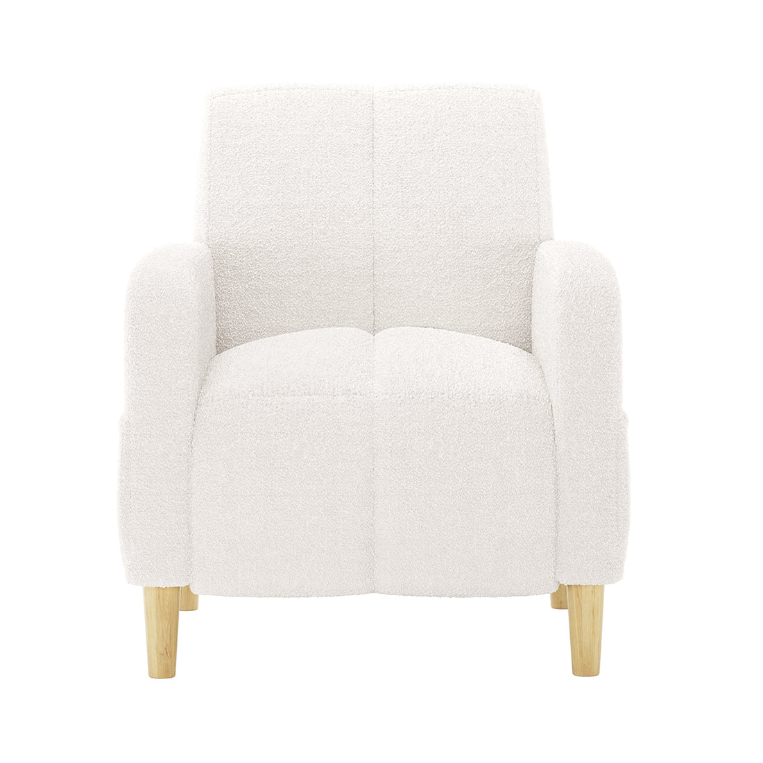 Anica Single Seater Bouclé Sofa Chair in Cream White, featuring a modern, low-profile design with a curved back, cushioned seat in quadrants, and light-wood tapered legs, showcasing stylish comfort.