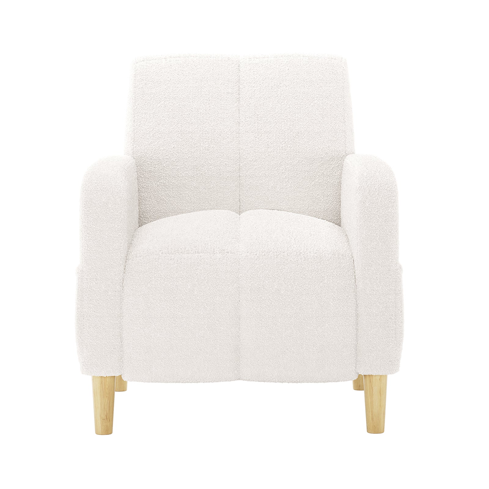 Anica Single Seater Bouclé Sofa Chair in Cream White, featuring a modern, low-profile design with a curved back, cushioned seat in quadrants, and light-wood tapered legs, showcasing stylish comfort.