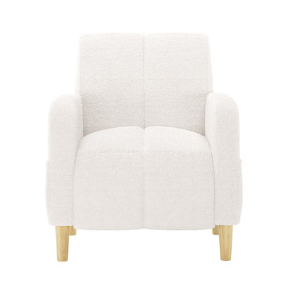 Anica Single Seater Bouclé Sofa Chair in Cream White, featuring a modern, low-profile design with a curved back, cushioned seat in quadrants, and light-wood tapered legs, showcasing stylish comfort.