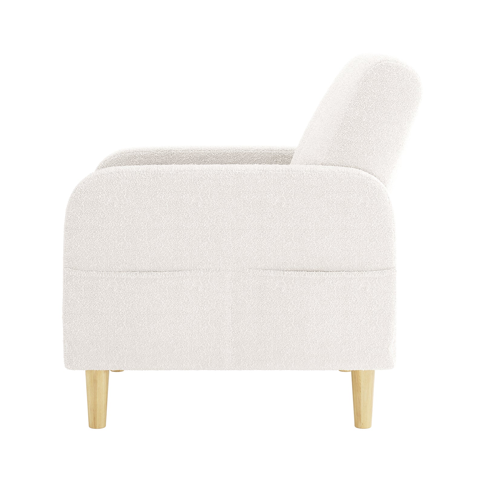 Anica Single Seater Bouclé Sofa Chair in Cream White with a rounded barrel silhouette, plush bouclé upholstery, and light wooden legs, showcased from the side on a white background.