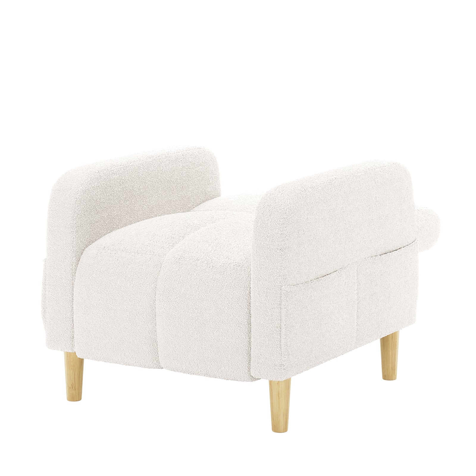 Anica Single Seater Bouclé Sofa Chair in Cream White, featuring a textured off-white fabric, two low rounded armrests, cushioned seat with adjoining sections, and four short tapered light-wood legs.