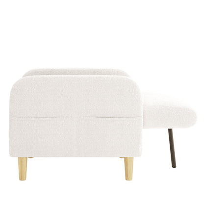 Anica Single Seater Bouclé Sofa Chair in Cream White, featuring a modern L-shaped design with a textured fabric, two-seater with chaise, and simple wooden legs, ideal for stylish and compact spaces.