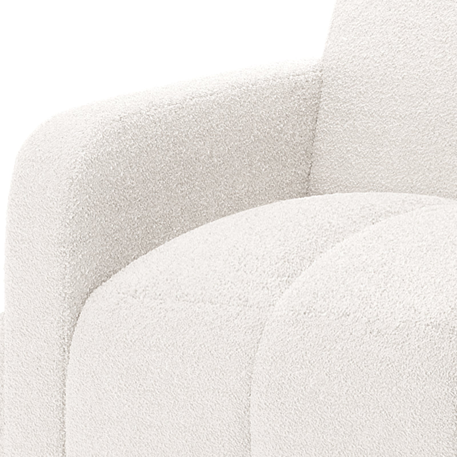 Anica Single Seater Bouclé Sofa Chair in Cream White, showcasing its rounded armrest, stitched seam, and nubby boucle texture, highlighting the chair's modern design and inviting fabric.