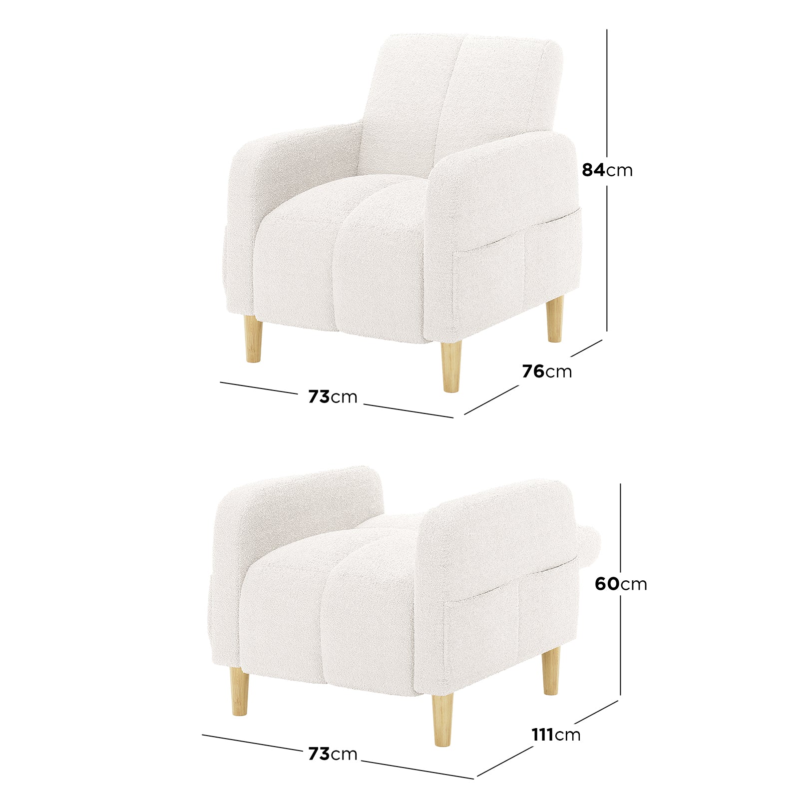 Anica Single Seater Bouclé Sofa Chair in Cream White, featuring an off-white upholstered seat with light wooden legs, shown in upright chair and reclined lounger modes for versatile comfort.