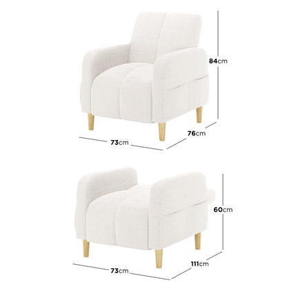 Anica Single Seater Bouclé Sofa Chair in Cream White, featuring an off-white upholstered seat with light wooden legs, shown in upright chair and reclined lounger modes for versatile comfort.