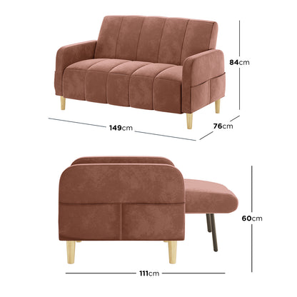 Anica 2 Seater Velvet Fabric Sofa Bed in Blush, featuring rust-brown upholstery, light wood-tone legs, and convertible design with folded-down backrest for compact living spaces, shown front-on and angled.