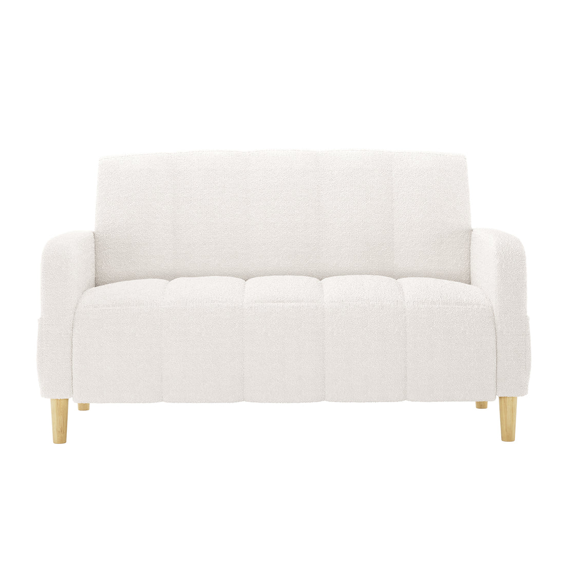 Anica 2 Seater Boucle Fabric Sofa Bed in Cream White, featuring rounded arms, light-wood legs, and textured upholstery, combines style with functionality, offering a cozy, dual-purpose seating and sleeping solution.