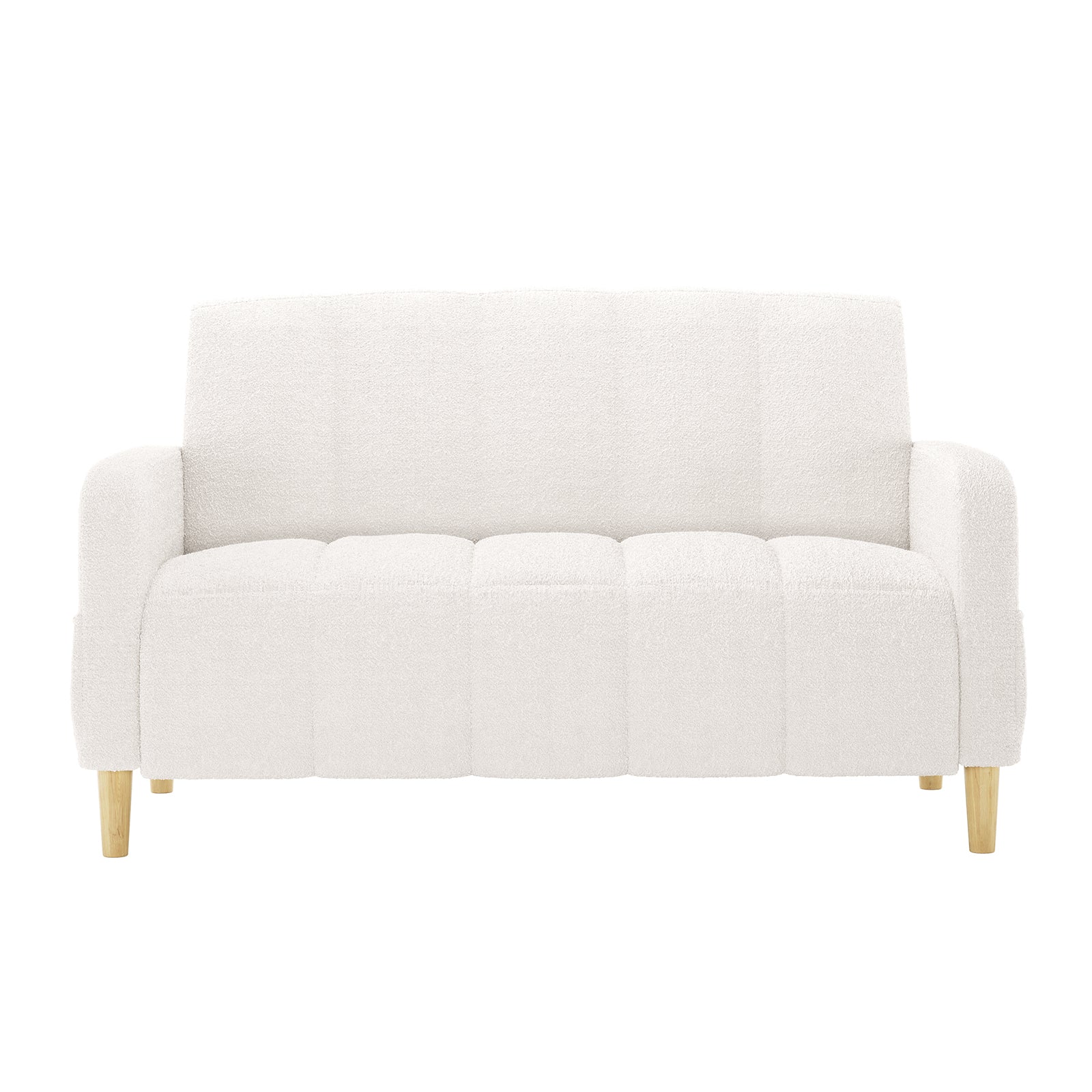 Anica 2 Seater Boucle Fabric Sofa Bed in Cream White, featuring rounded arms, light-wood legs, and textured upholstery, combines style with functionality, offering a cozy, dual-purpose seating and sleeping solution.
