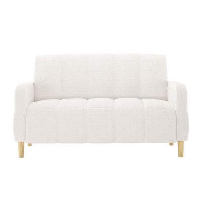 Anica 2 Seater Boucle Fabric Sofa Bed in Cream White, featuring rounded arms, light-wood legs, and textured upholstery, combines style with functionality, offering a cozy, dual-purpose seating and sleeping solution.