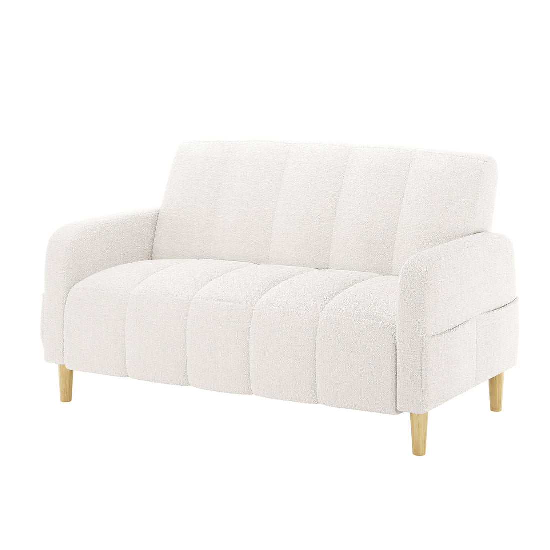 Anica 2 Seater Boucle Fabric Sofa Bed in Cream White, featuring a light off-white boucle upholstery, tufted seat and back, rounded arms, and short tapered wooden legs, offering versatility and style.