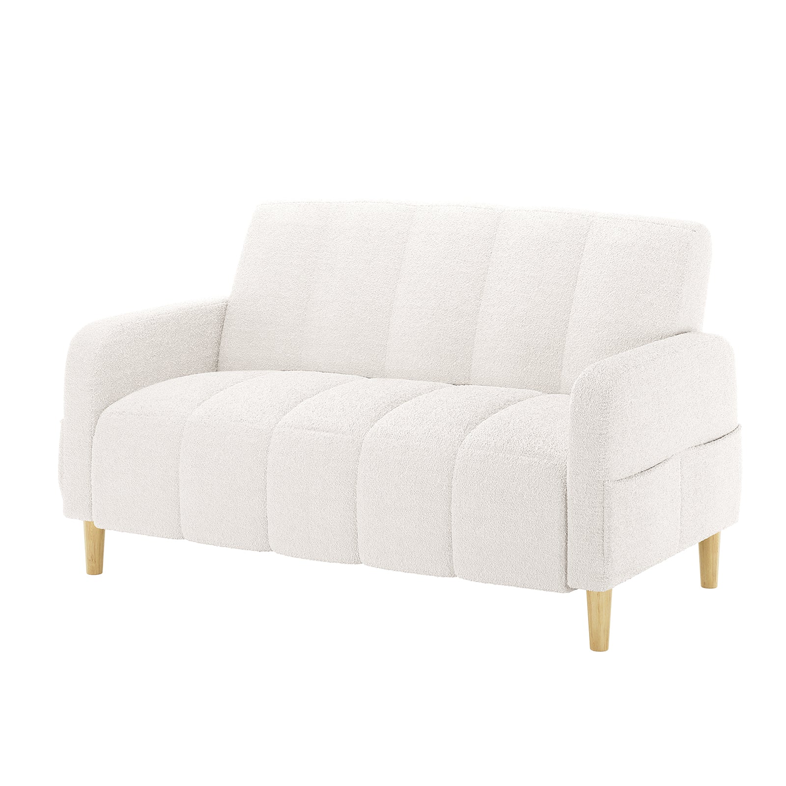 Anica 2 Seater Boucle Fabric Sofa Bed in Cream White, featuring a light off-white boucle upholstery, tufted seat and back, rounded arms, and short tapered wooden legs, offering versatility and style.