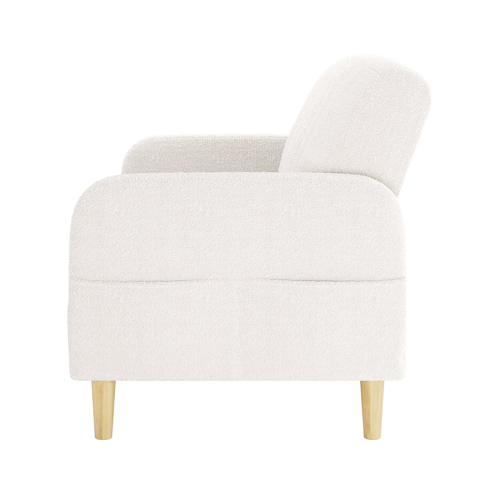 Anica 2 Seater Boucle Fabric Sofa Bed in Cream White, featuring a modern design with gently curved back and arms, boxy seat base, and light-wood tapered legs for a stylish, versatile look.