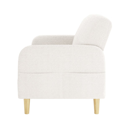 Anica 2 Seater Boucle Fabric Sofa Bed in Cream White, featuring a modern design with gently curved back and arms, boxy seat base, and light-wood tapered legs for a stylish, versatile look.