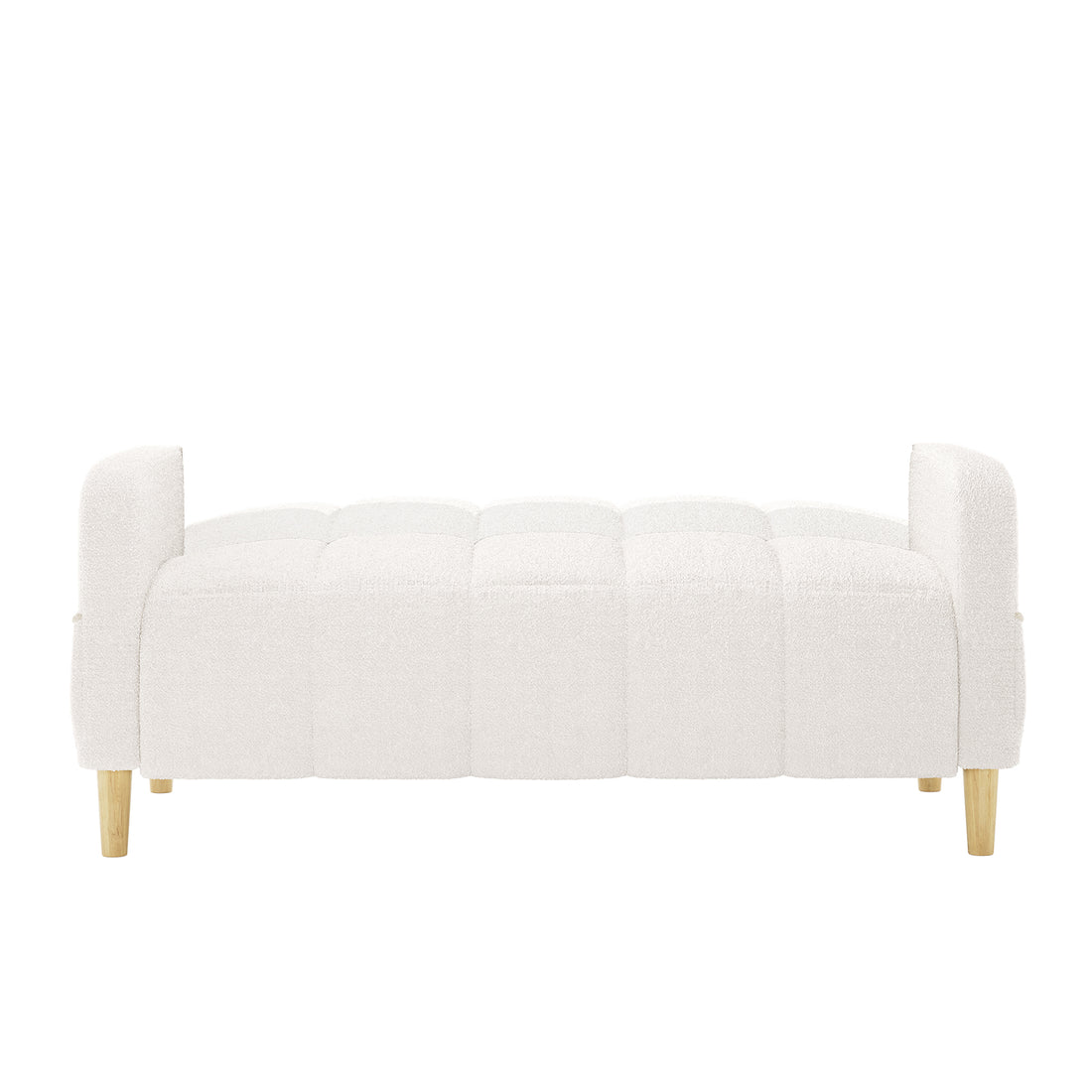Anica 2 Seater Boucle Fabric Sofa Bed in Cream White features a rectangular design with tufted sections, blocky armrests, and tapered light-wood legs, blending comfort and functionality seamlessly.