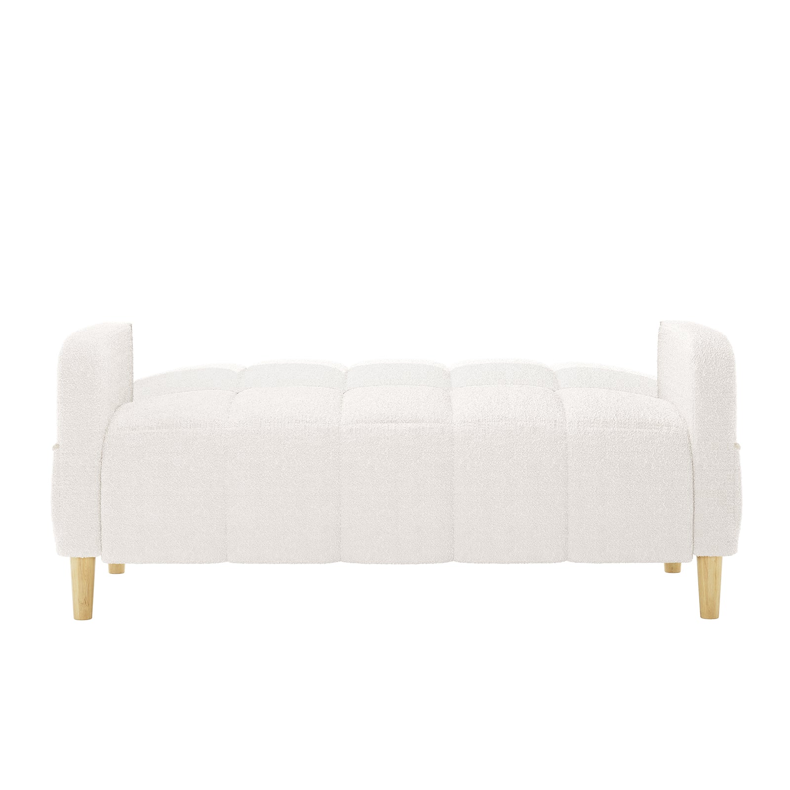 Anica 2 Seater Boucle Fabric Sofa Bed in Cream White features a rectangular design with tufted sections, blocky armrests, and tapered light-wood legs, blending comfort and functionality seamlessly.