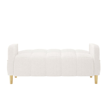Anica 2 Seater Boucle Fabric Sofa Bed in Cream White features a rectangular design with tufted sections, blocky armrests, and tapered light-wood legs, blending comfort and functionality seamlessly.