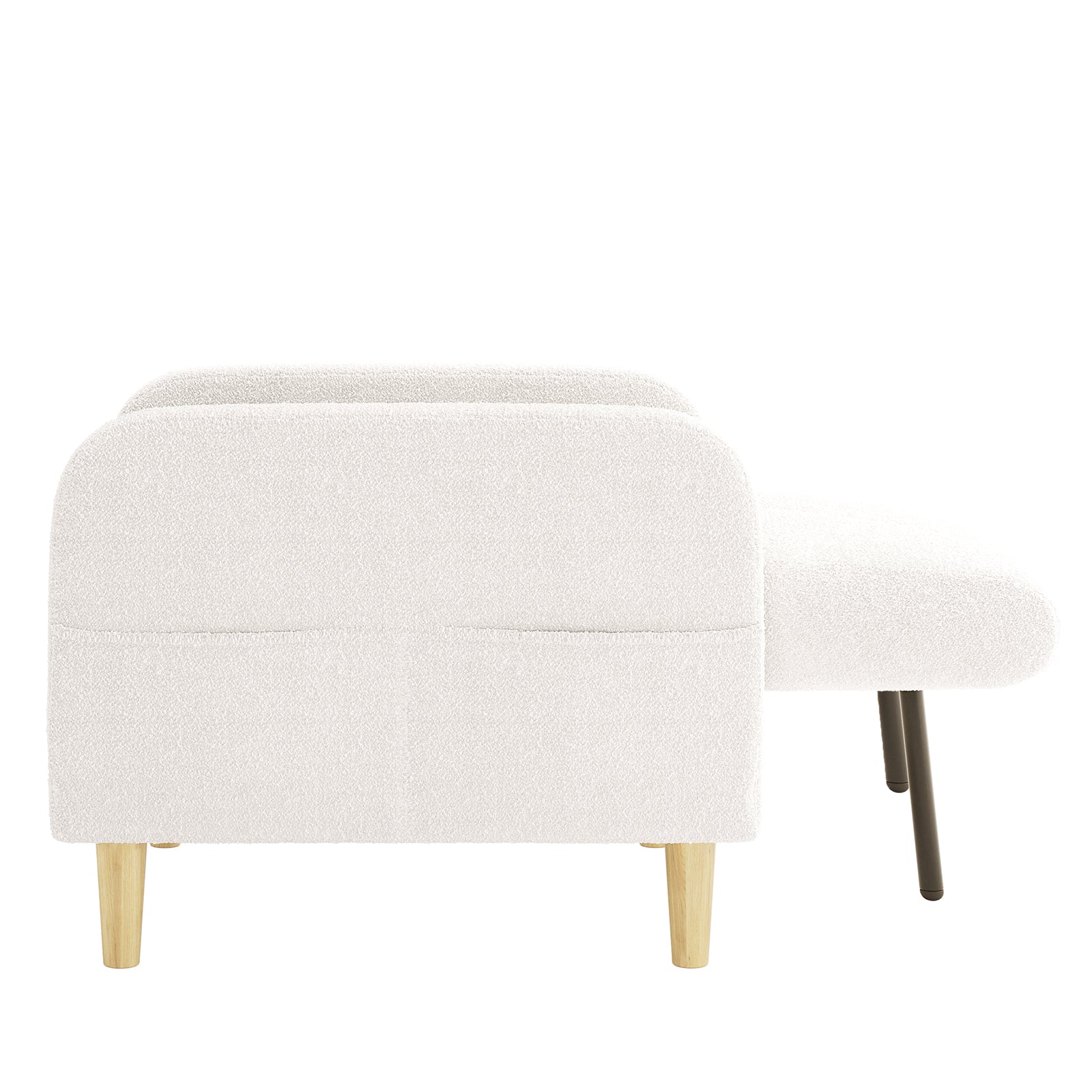 Anica 2 Seater Boucle Fabric Sofa Bed in Cream White, features off-white upholstery, chaise-lounge extension, softly rounded corners, simple back stitching, and short, tapered legs in wood and metal finishes.