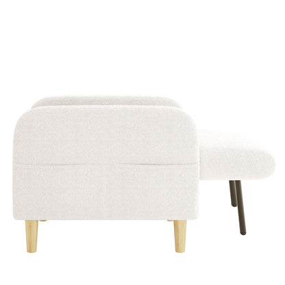 Anica 2 Seater Boucle Fabric Sofa Bed in Cream White, features off-white upholstery, chaise-lounge extension, softly rounded corners, simple back stitching, and short, tapered legs in wood and metal finishes.