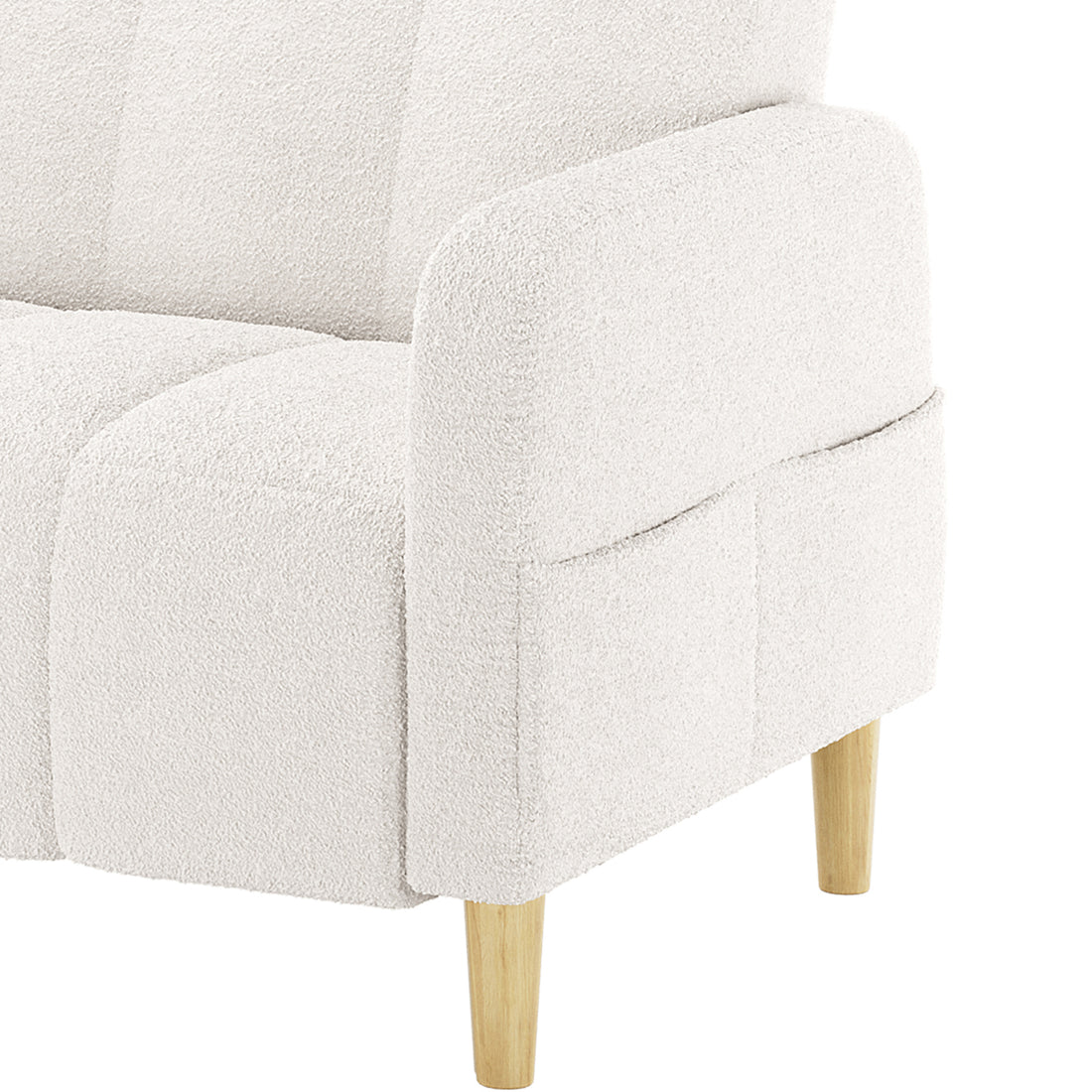 Close-up of the Anica 2 Seater Boucle Fabric Sofa Bed in Cream White, showcasing its soft off-white boucle upholstery, slim tapered wooden leg, and modern design.