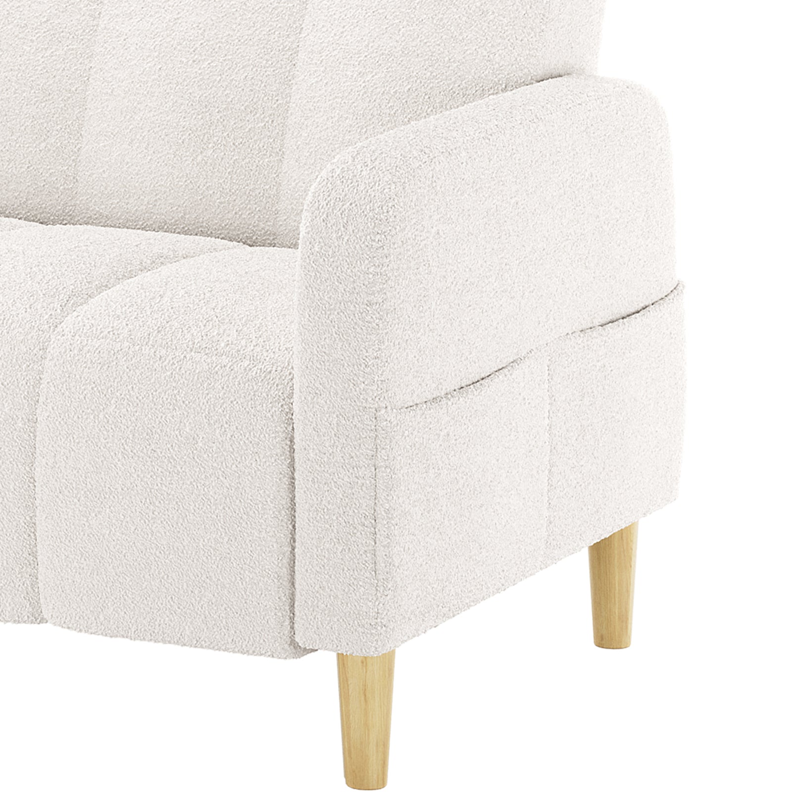 Close-up of the Anica 2 Seater Boucle Fabric Sofa Bed in Cream White, showcasing its soft off-white boucle upholstery, slim tapered wooden leg, and modern design.