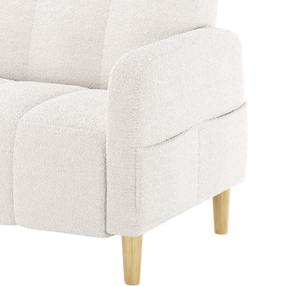 Close-up of the Anica 2 Seater Boucle Fabric Sofa Bed in Cream White, showcasing its soft off-white boucle upholstery, slim tapered wooden leg, and modern design.