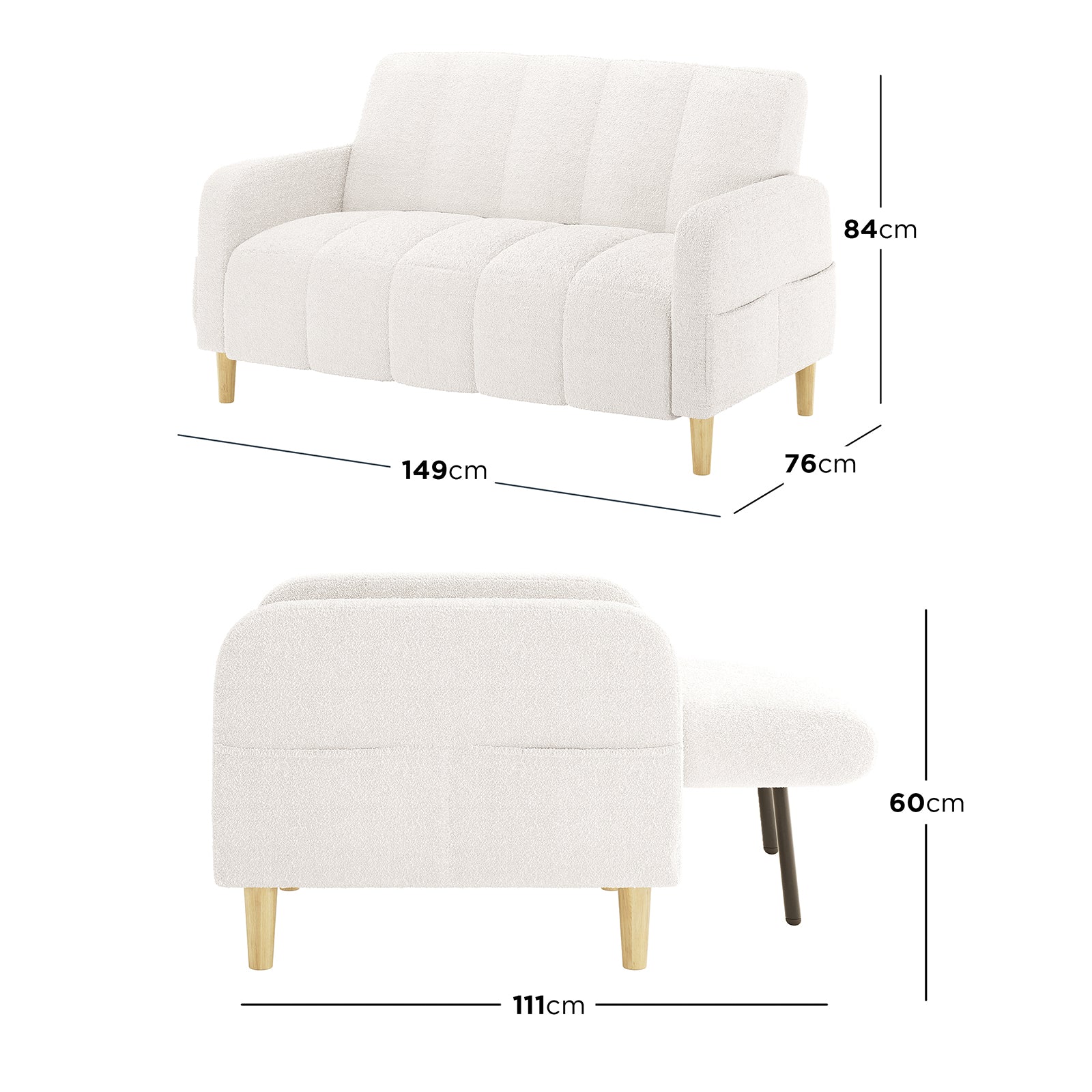 Anica 2 Seater Boucle Fabric Sofa Bed in Cream White, featuring white boucle upholstery, light-wood tapered legs, pull-out chaise, and adjustable reclining, offers a stylish, versatile seating and sleeping solution.
