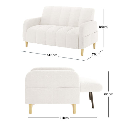 Anica 2 Seater Boucle Fabric Sofa Bed in Cream White, featuring white boucle upholstery, light-wood tapered legs, pull-out chaise, and adjustable reclining, offers a stylish, versatile seating and sleeping solution.