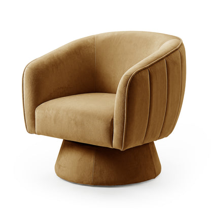 Arlo Chenille 360° Swivel Accent Chair in Amber Brown features a low, rounded back, integrated armrests with channel stitching, and sits on a wide swivel pedestal base, all in rich chenille fabric.