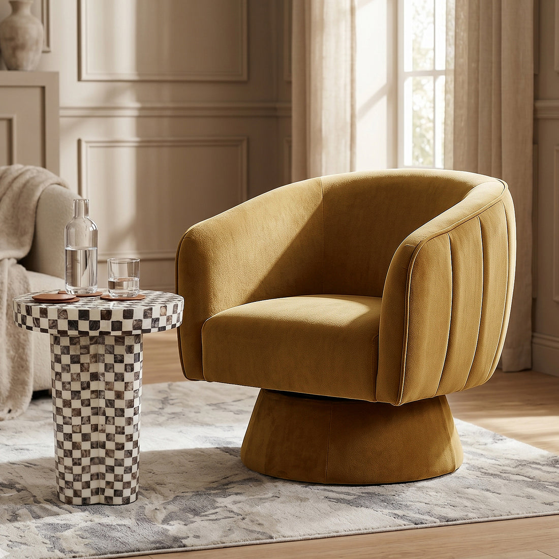 Arlo Chenille 360° Swivel Accent Chair in Amber Brown, featuring a barrel-style design on a patterned rug, beside a black-and-white checker-inlay side table with glassware.