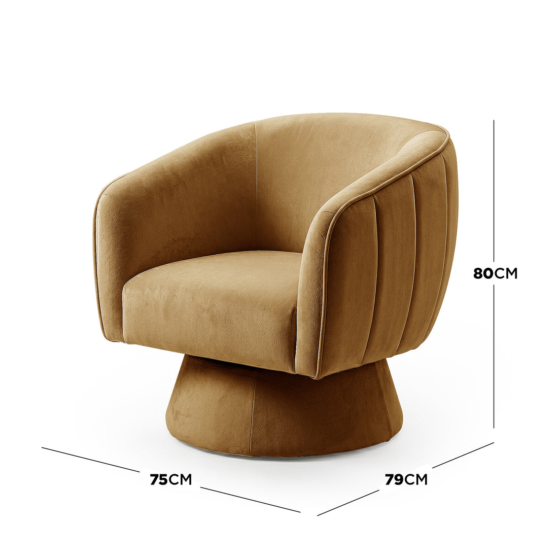 Arlo Chenille 360° Swivel Accent Chair in Amber Brown, a low barrel-style chair with velvet upholstery, compact dimensions, and a 360° swivel mechanism, ideal for cozy, functional living spaces.