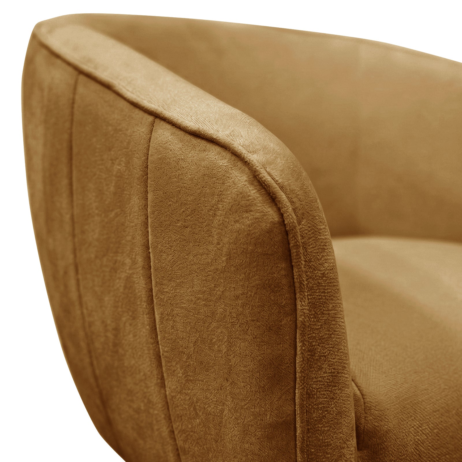 Close-up of the Arlo Chenille 360° Swivel Accent Chair in Amber Brown, showcasing its warm, camel-brown velour upholstery with piped edge detail on the armrest, highlighting its cozy and textured design.