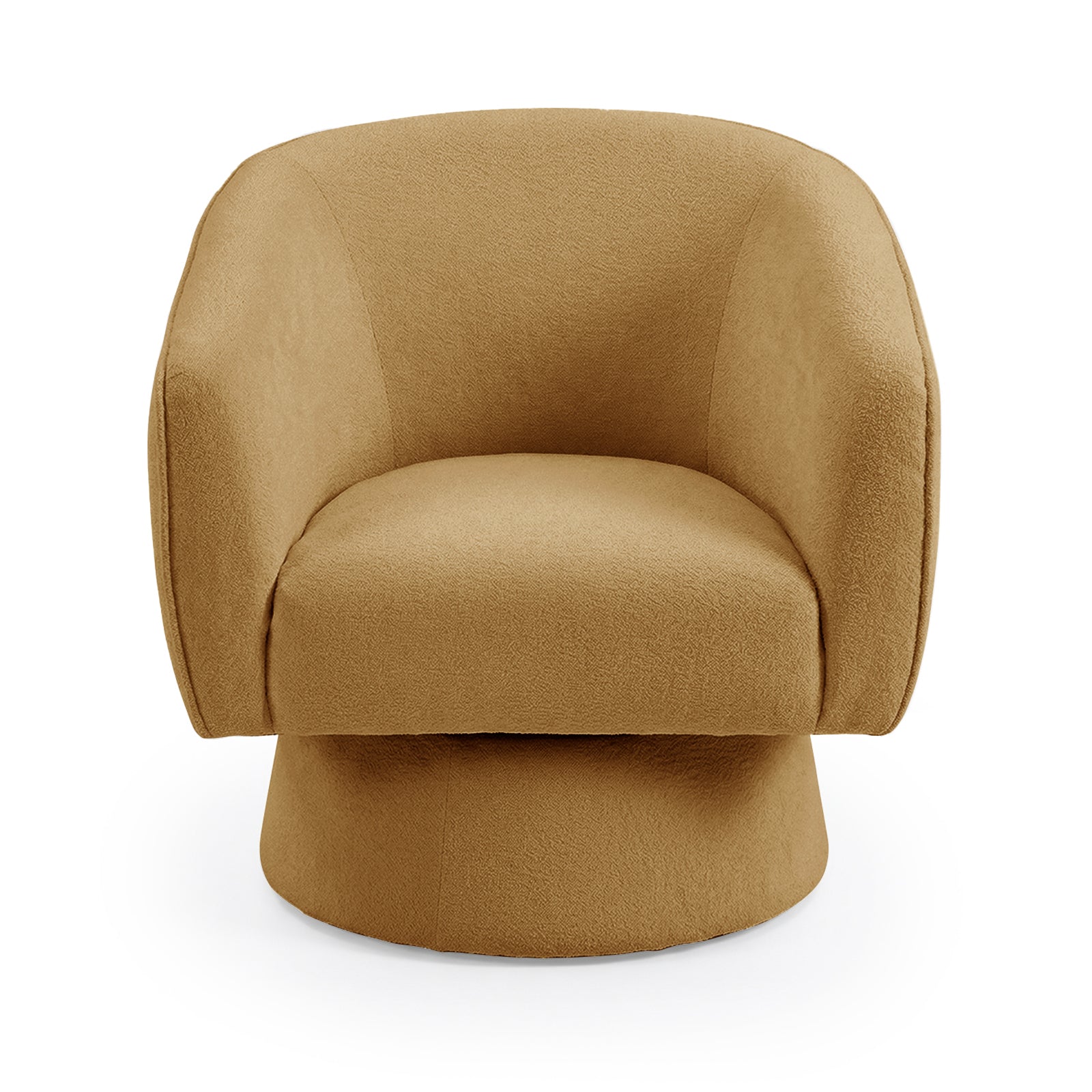 Arlo Chenille 360° Swivel Accent Chair in Amber Brown with a gently curved back and arms, cushioned seat, and a round swivel base, offering a cozy, compact design ideal for versatile seating.