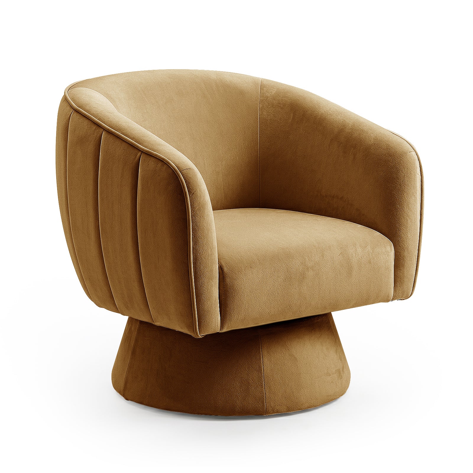 Arlo Chenille 360° Swivel Accent Chair in Amber Brown features a modern swivel design with a tan velvet finish, low curved back, integrated armrests, and vertical channel stitching on a pedestal base.
