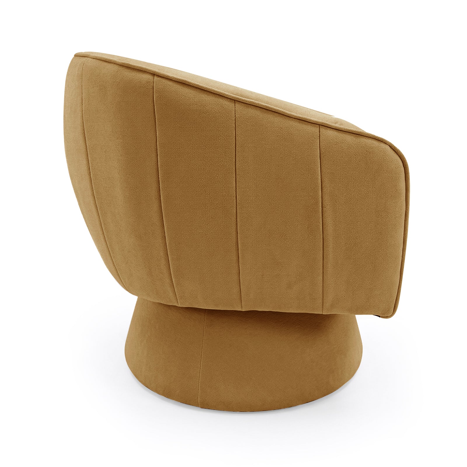 Arlo Chenille 360° Swivel Accent Chair in Amber Brown, rear view; upholstered in warm mustard-brown fabric with a curved, paneled backrest on a matching rounded swivel base, highlighting its elegant design.