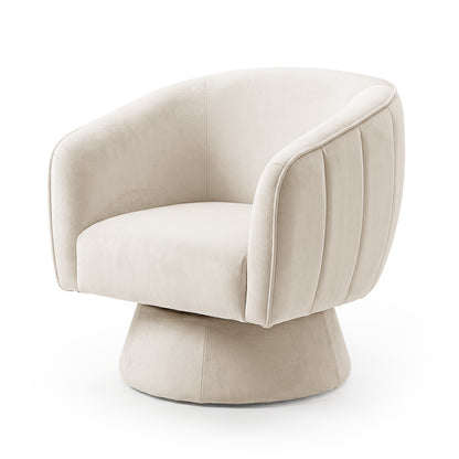 Arlo Chenille 360° Swivel Accent Chair in Oatmeal features a barrel-style design with a curved back and arms, upholstered in soft fabric, and sits on a matching upholstered swivel base.