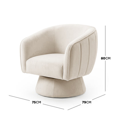 Arlo Chenille 360° Swivel Accent Chair in Oatmeal, featuring a gently curved back, rounded armrests, and a cylindrical swivel base, upholstered in light-beige fabric, measuring 80cm tall, 75cm deep, and 79cm wide.