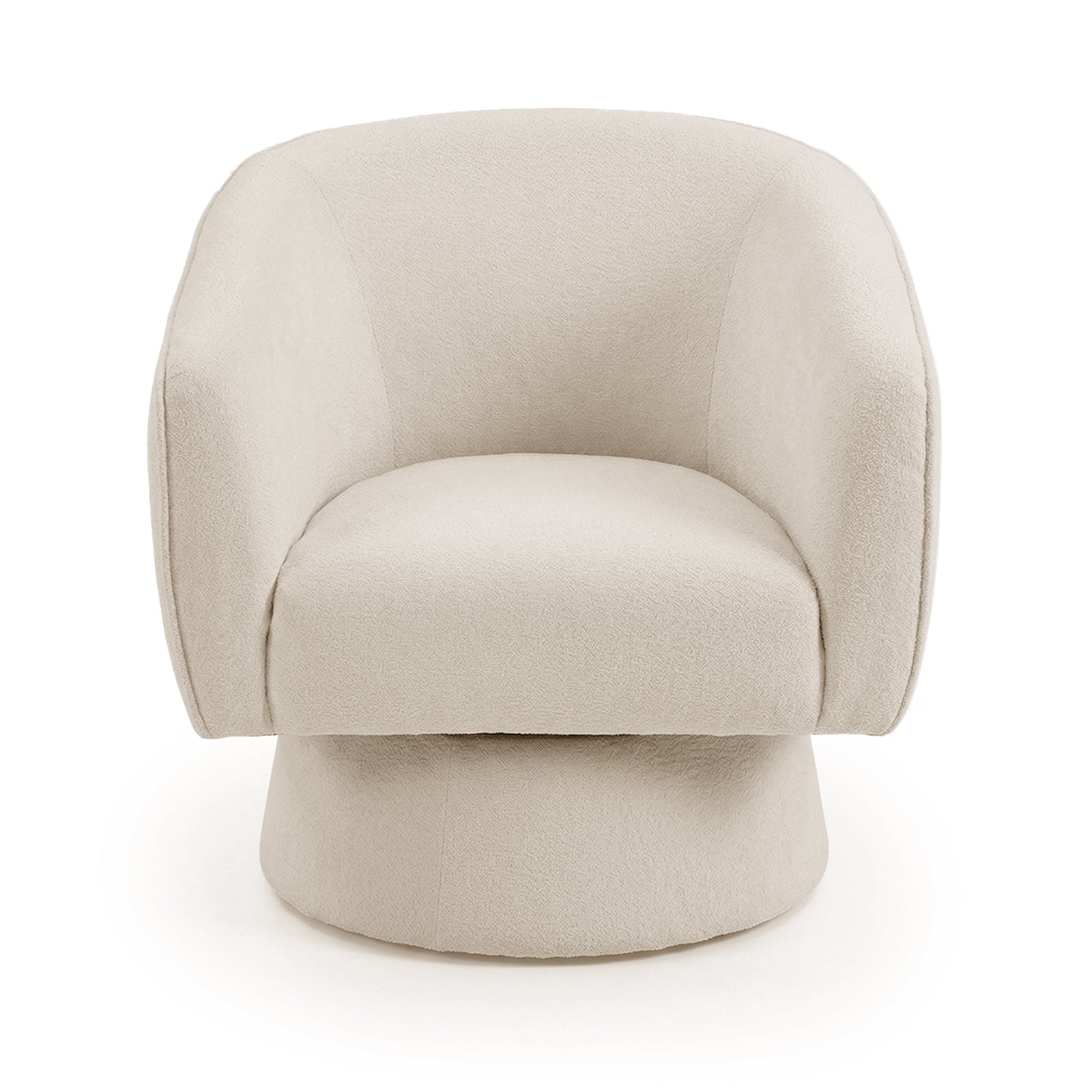 Arlo Chenille 360° Swivel Accent Chair in Oatmeal, featuring a modern cream-colored upholstered design with a rounded back, integrated arms, and a pedestal-style base for effortless swivel functionality.