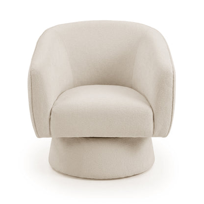 Arlo Chenille 360° Swivel Accent Chair in Oatmeal, featuring a modern cream-colored upholstered design with a rounded back, integrated arms, and a pedestal-style base for effortless swivel functionality.
