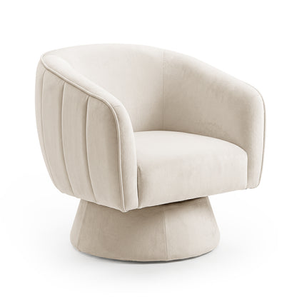 Arlo Chenille 360° Swivel Accent Chair in Oatmeal, featuring a curved back, integrated armrests with channel stitching, and a rounded swivel base, upholstered in luxurious chenille fabric.