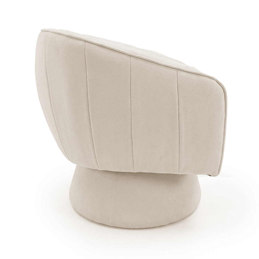 Arlo Chenille 360° Swivel Accent Chair in Oatmeal features a vertically-stitched, curved backrest and rounded pedestal base, highlighting its modern barrel-style design and luxurious chenille upholstery.