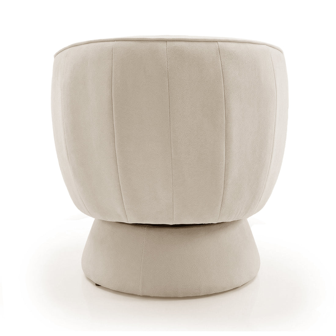 Arlo Chenille 360° Swivel Accent Chair in Oatmeal, featuring a round, double-stacked upholstered design with a pleated cushion atop a cylindrical base, all in a neutral beige fabric against a white background.