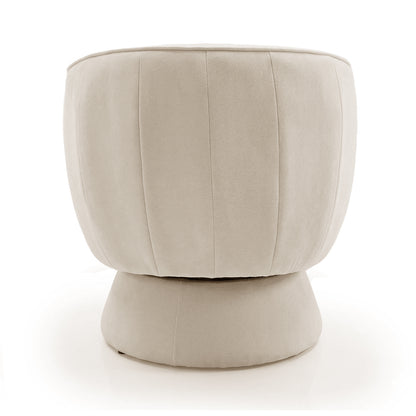 Arlo Chenille 360° Swivel Accent Chair in Oatmeal, featuring a round, double-stacked upholstered design with a pleated cushion atop a cylindrical base, all in a neutral beige fabric against a white background.