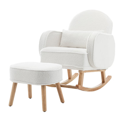 Aura Bouclé Rocking Chair with Ottoman in Cream White, featuring soft boucle cushions and natural wood bases; chair on curved rockers, ottoman on straight legs, ideal for nurseries or living rooms.