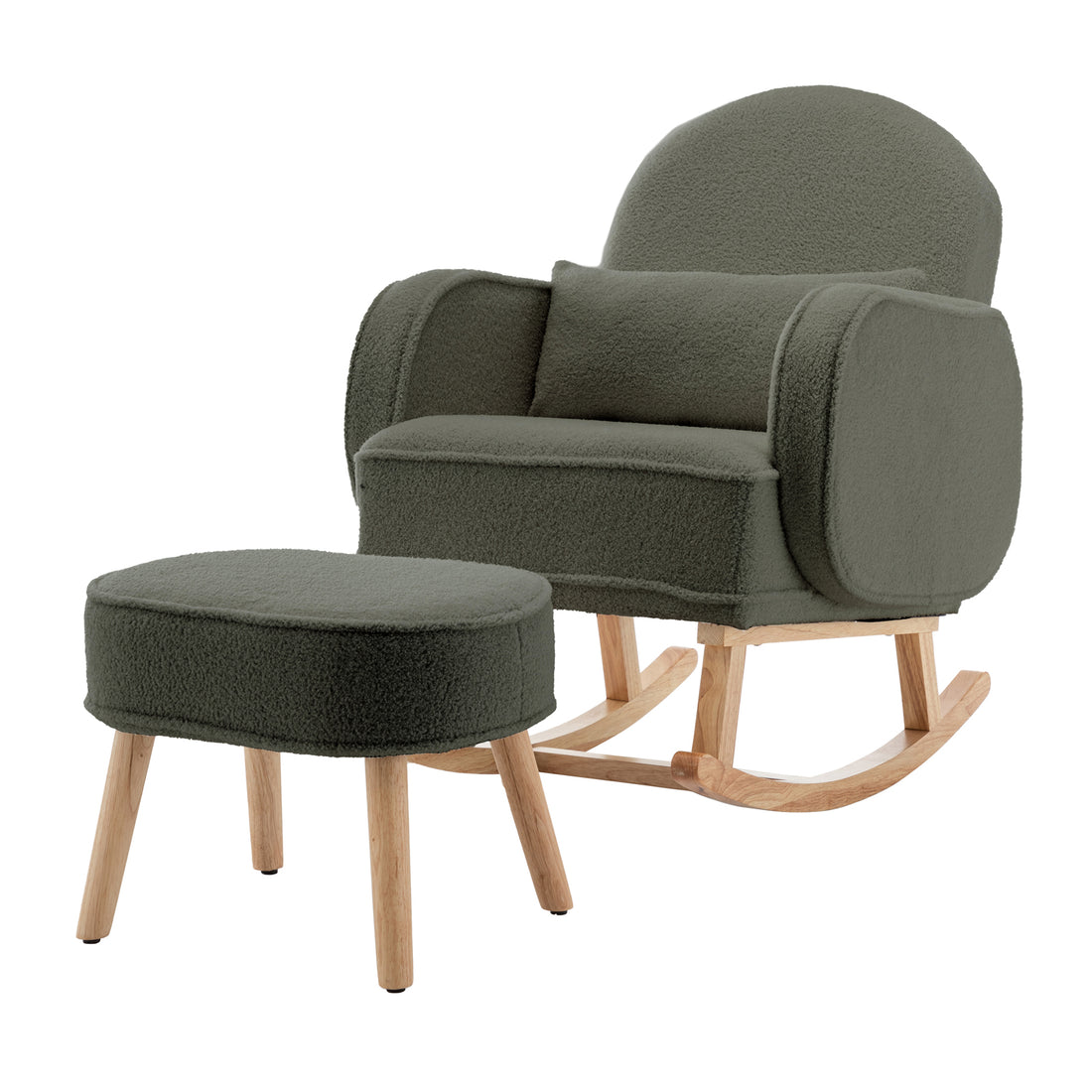 Aura Boucle Rocking Chair with Ottoman in Green, featuring soft bouclé fabric, rounded arms, cushioned back, natural wood rocker legs, and a matching ottoman with straight legs.