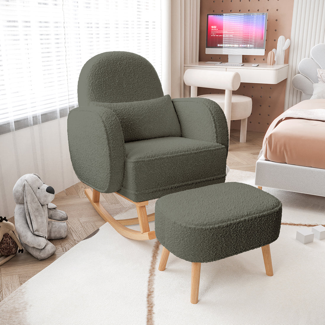 Aura Bouclé Rocking Chair with Ottoman in Green, featuring soft, textured upholstery and wooden legs, paired with a matching ottoman, set on a light rug over herringbone wood floors.