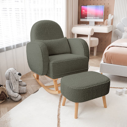 Aura Bouclé Rocking Chair with Ottoman in Green, featuring soft, textured upholstery and wooden legs, paired with a matching ottoman, set on a light rug over herringbone wood floors.